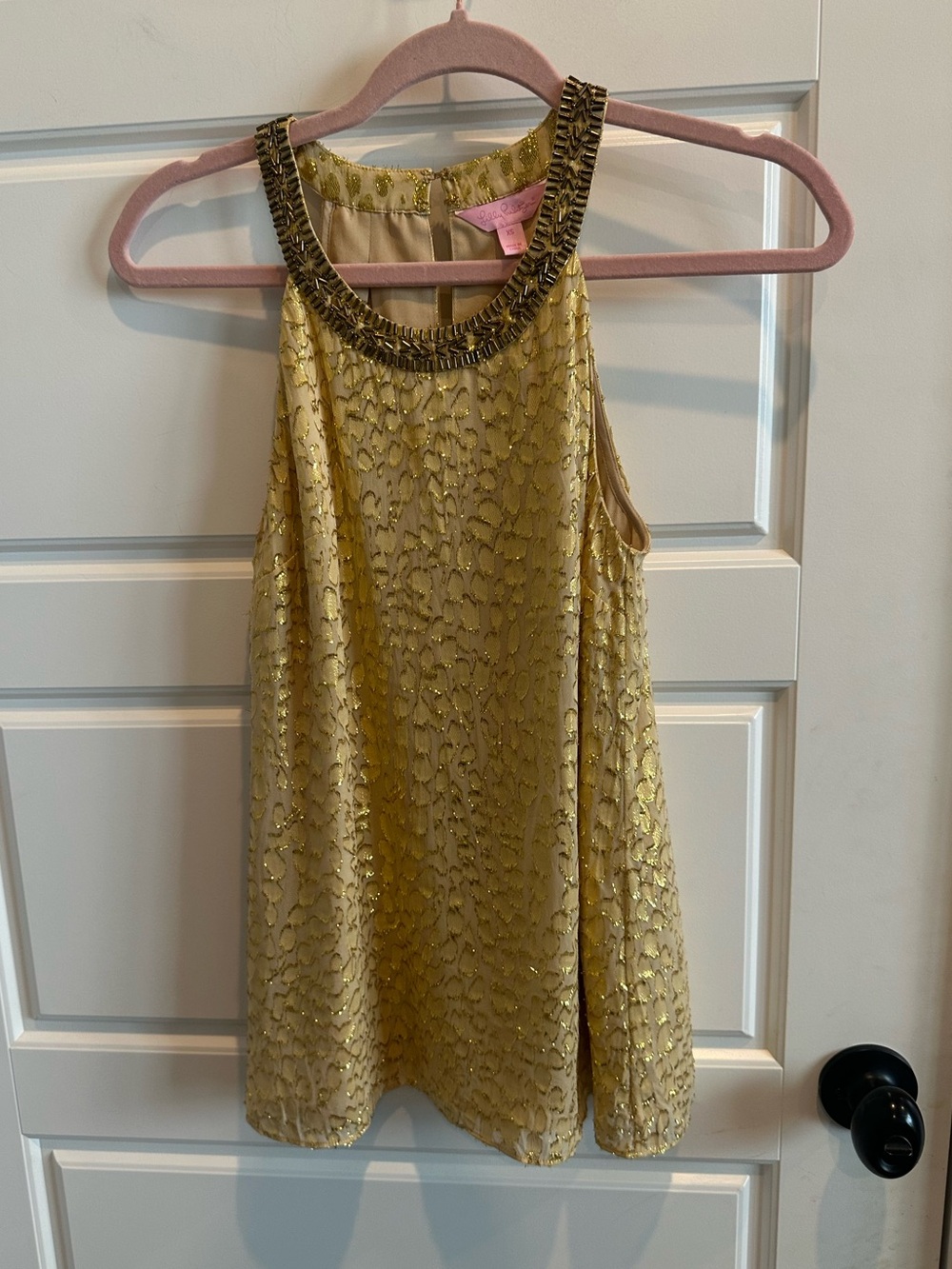 Lilly Pulitzer XS Corsica Gold Beaded Tank Top Metallic Clip Dot Silk Halter